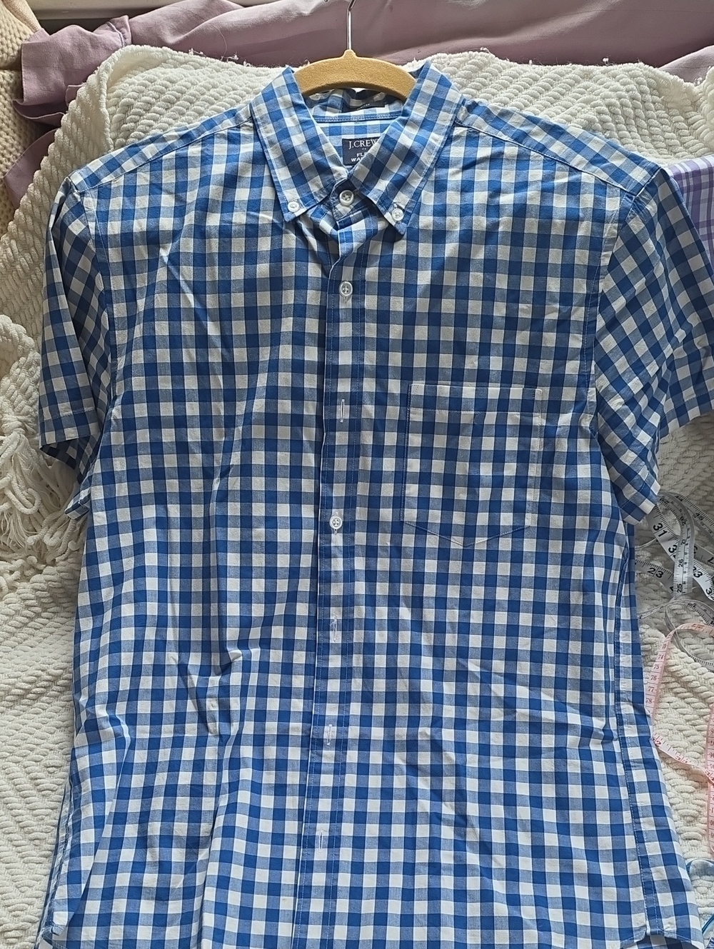 Men's J Crew Short Sleeve Button-down Blue & White White Check Size Medium, SLIM